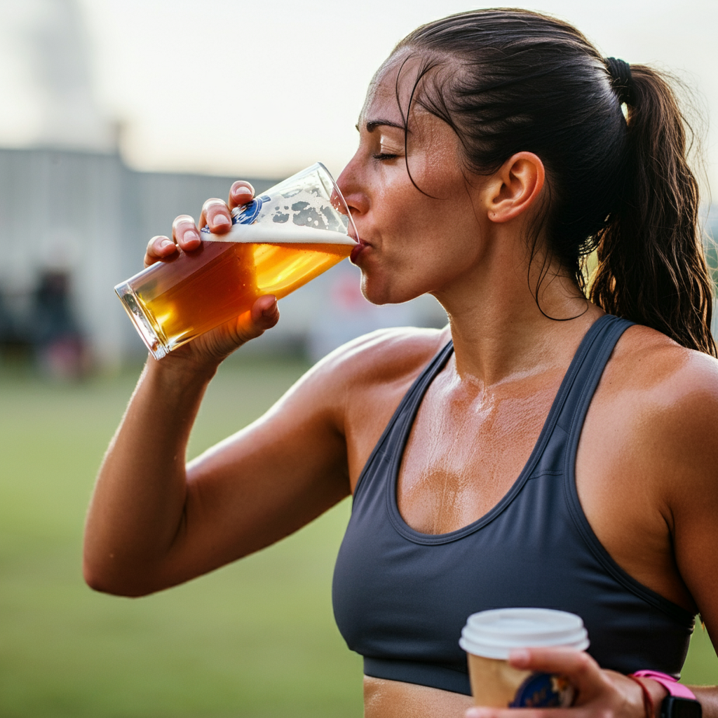 Une coureuse boit une pinte de bière après avoir couru