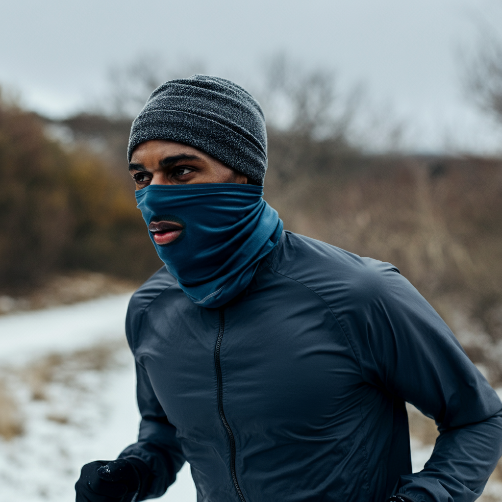 Un homme malade court l'hiver avec un bonnet et un buff