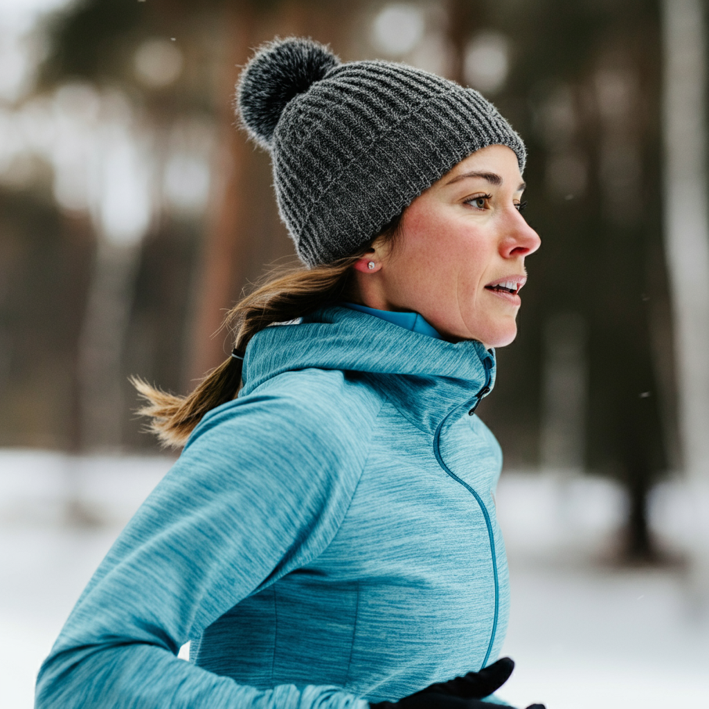 Une jeune femme avec un bonnet à pompon en train de courir l'hiver