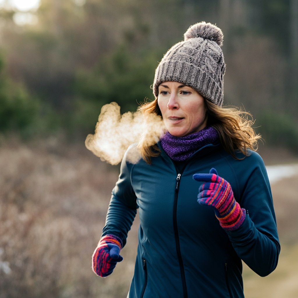 Une jeune femme avec un bonnet à pompon court l'hiver et faite de la fumée avec sa respiration