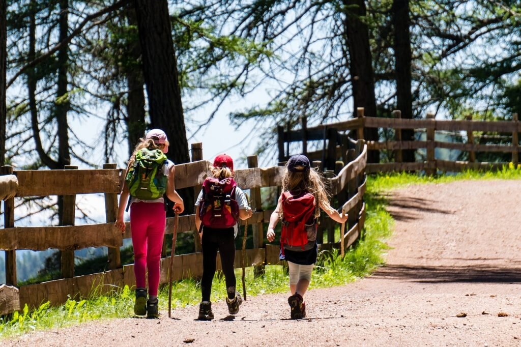 3 enfants en randonnée en montagne