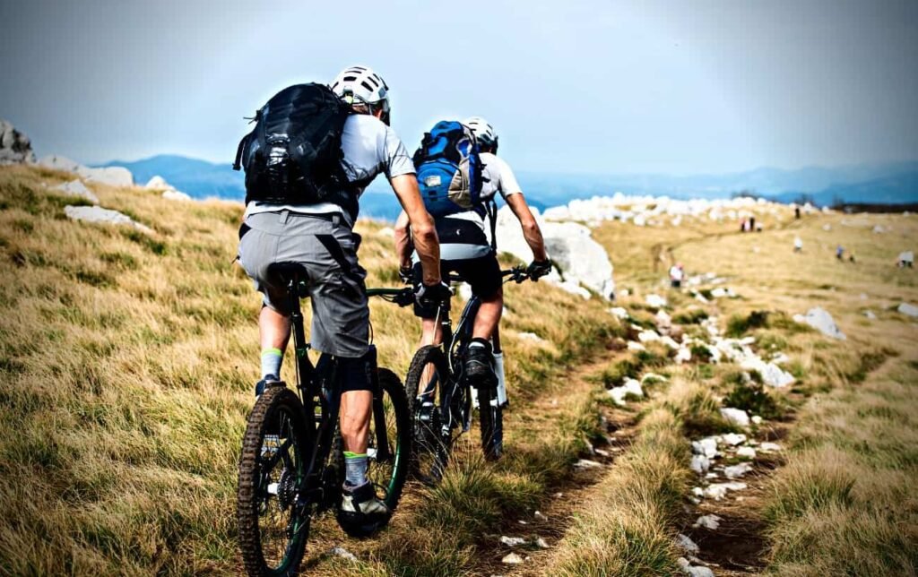 2 personnes font du VTT en montagne