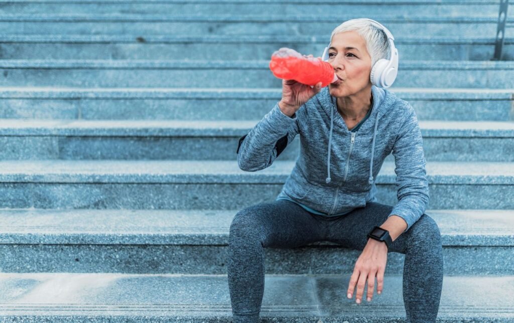 Une femme boit dans une bouteille assise sur des marches d'escalier