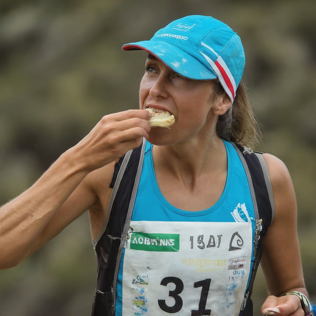 Une femme se ravitaille pendant un trail