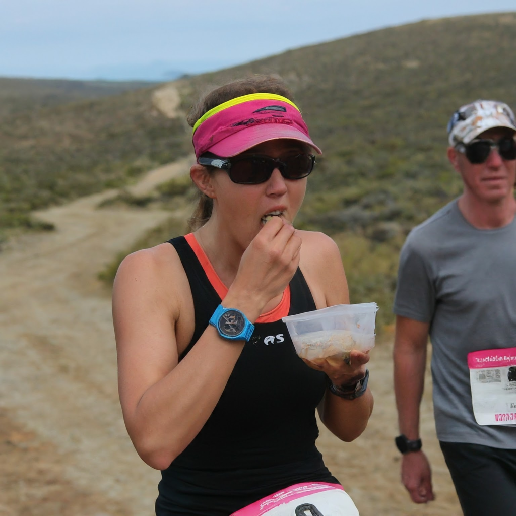 Une femme mange pendant un trail dans le désert