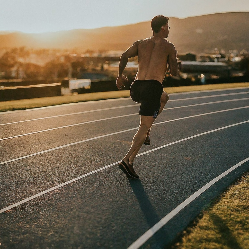 Un homme court sur une piste d'athl&eacute;tisme