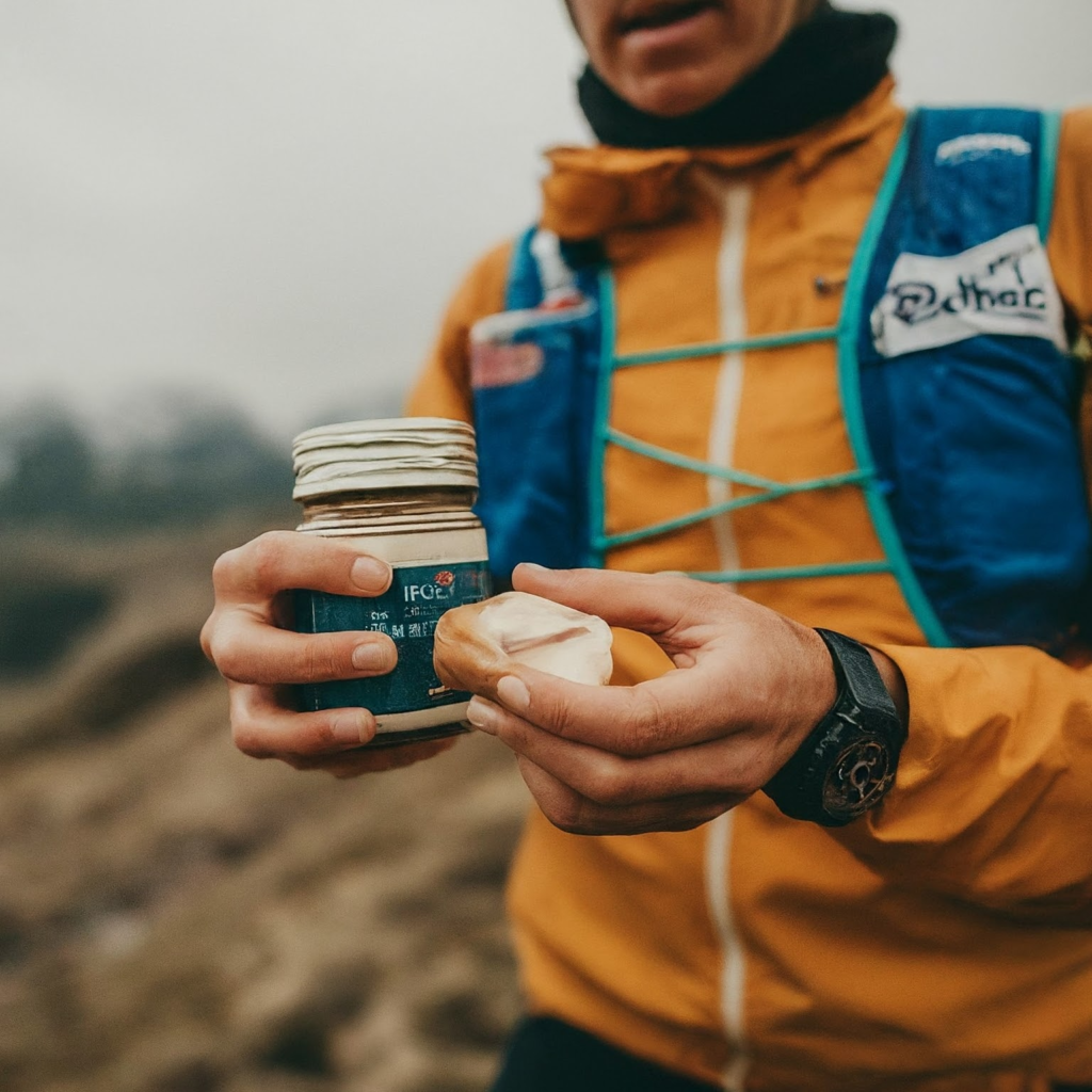 Un homme se ravitaille pendant un trail