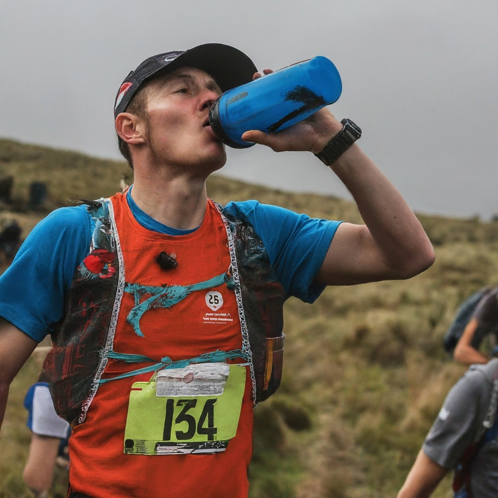 Un homme boit pendant un trail