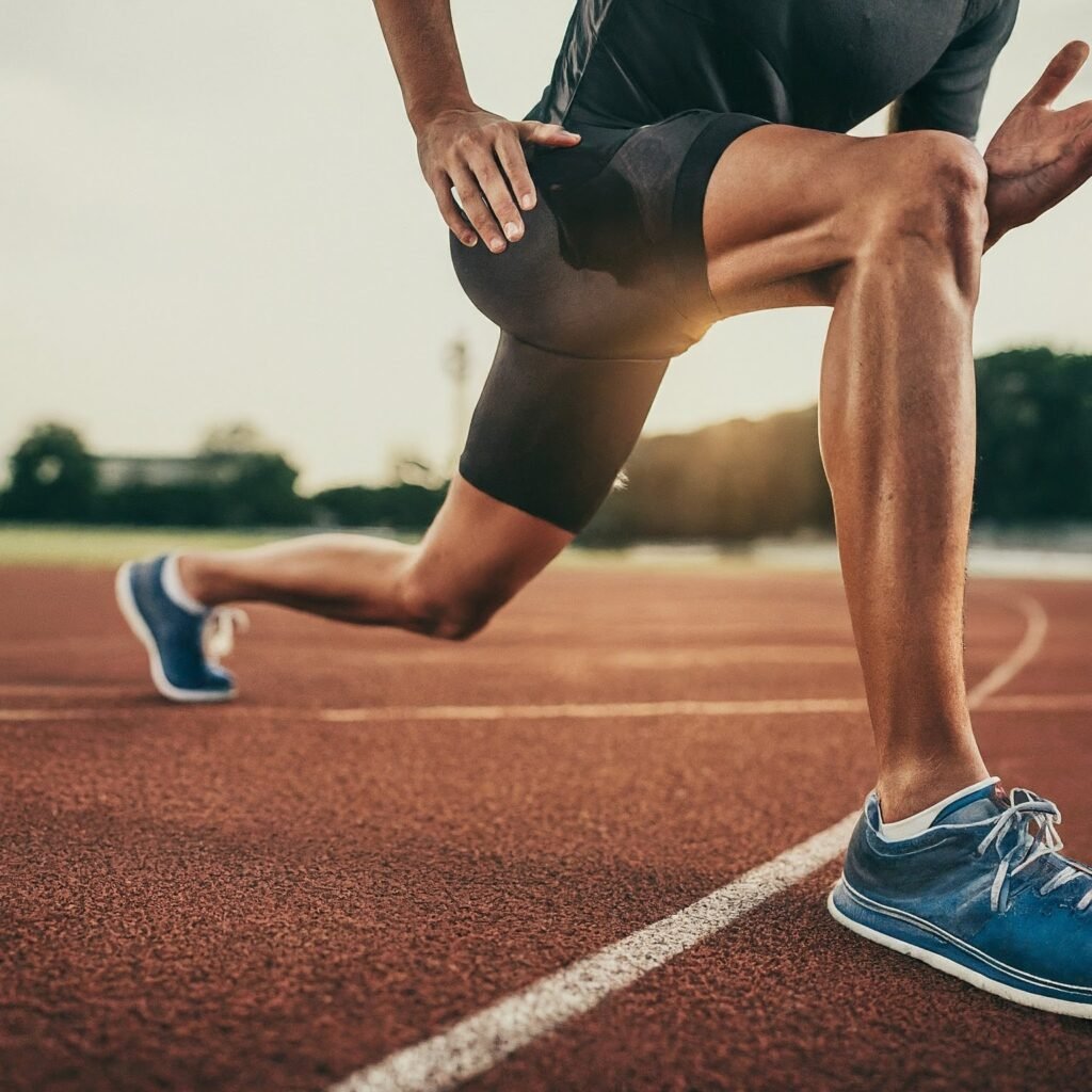 Un coureur fait une fente avant sur une piste d'athl&eacute;tisme