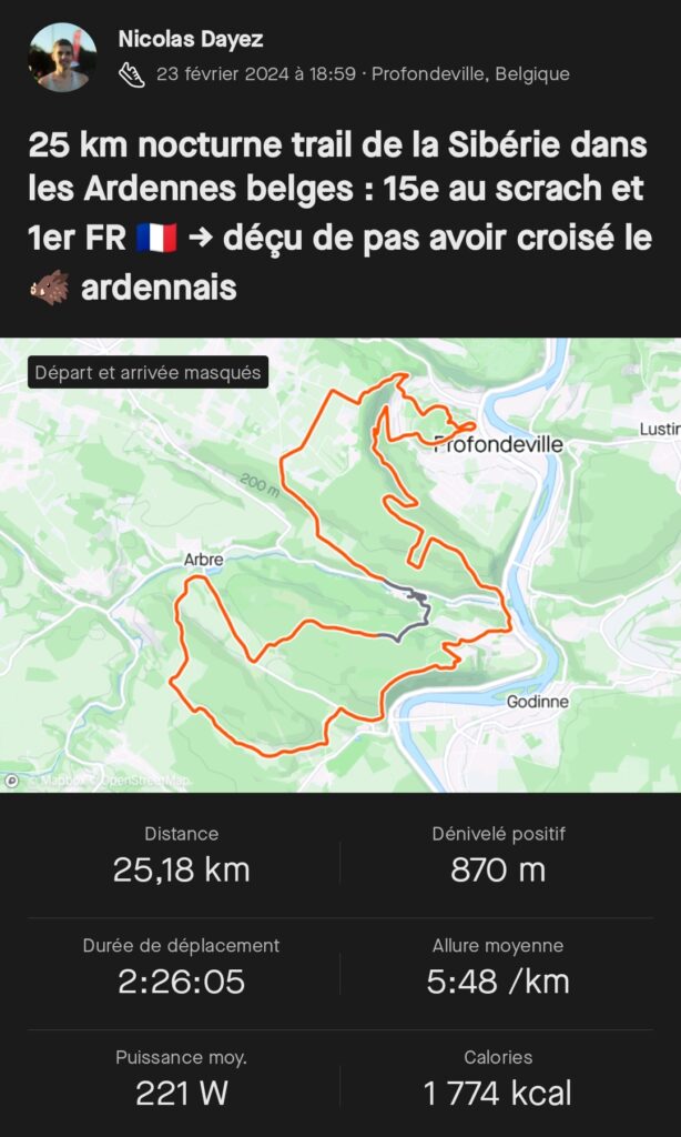 Capture écran parcours et indicateurs Strava trail de la Sibérie 25 km