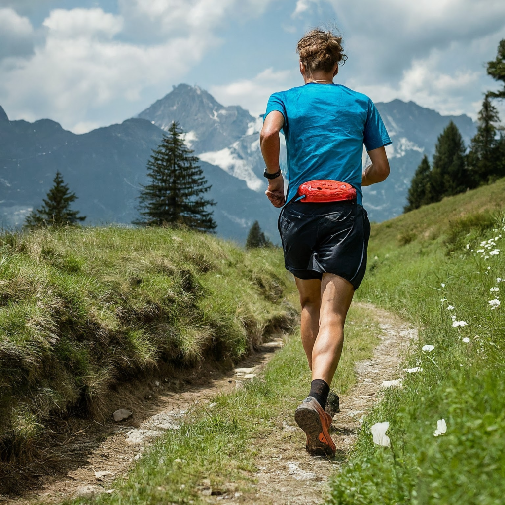 Traileur sur un sentier à la montagne vue de dos