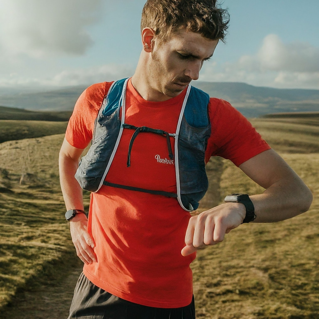 Un homme regarde sa montre GPS pendant un trail