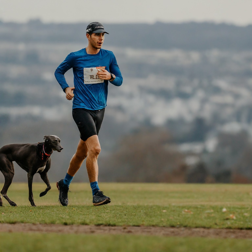 Un maitre court avec son chien sur une pelouse