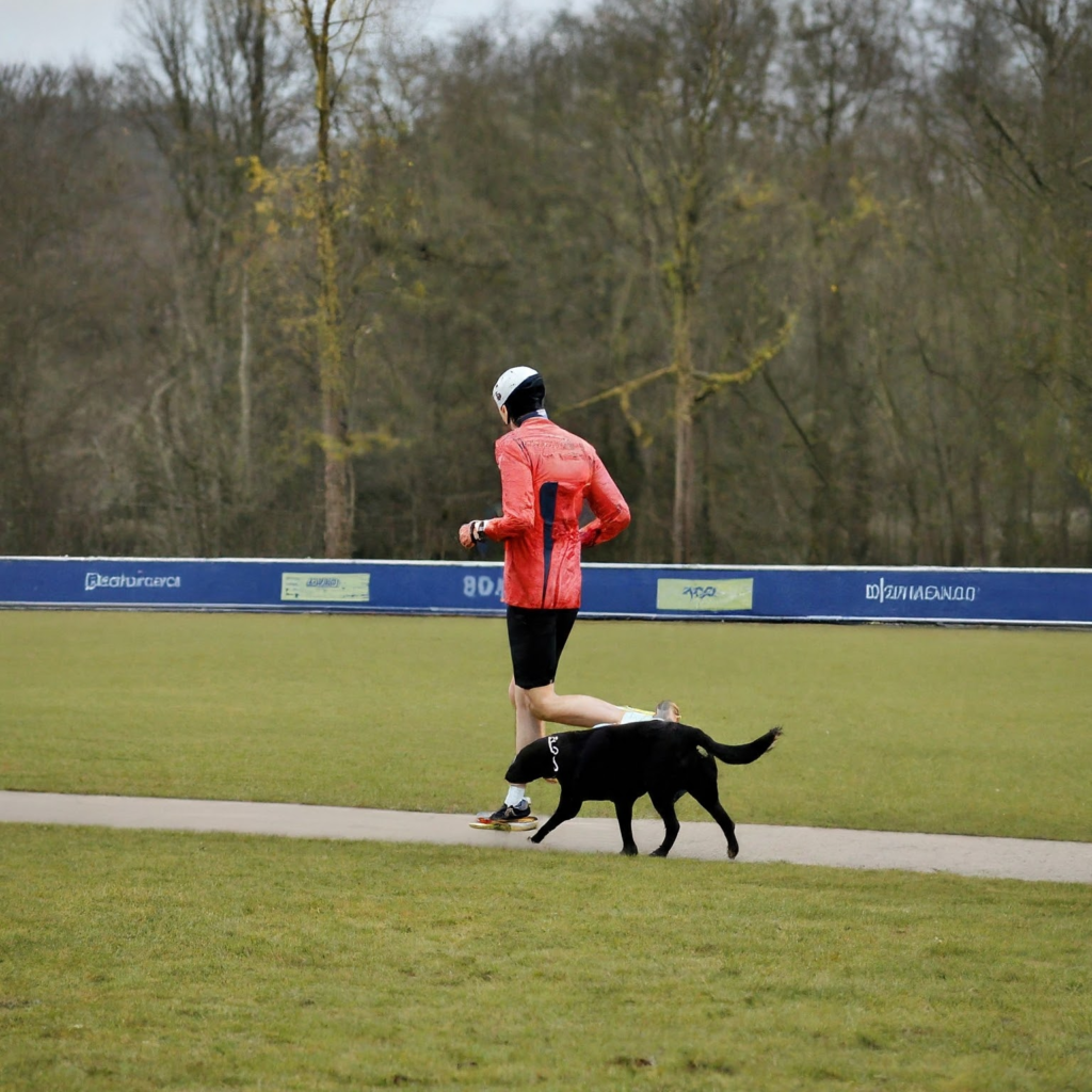 Un maitre court avec son chien sur une route