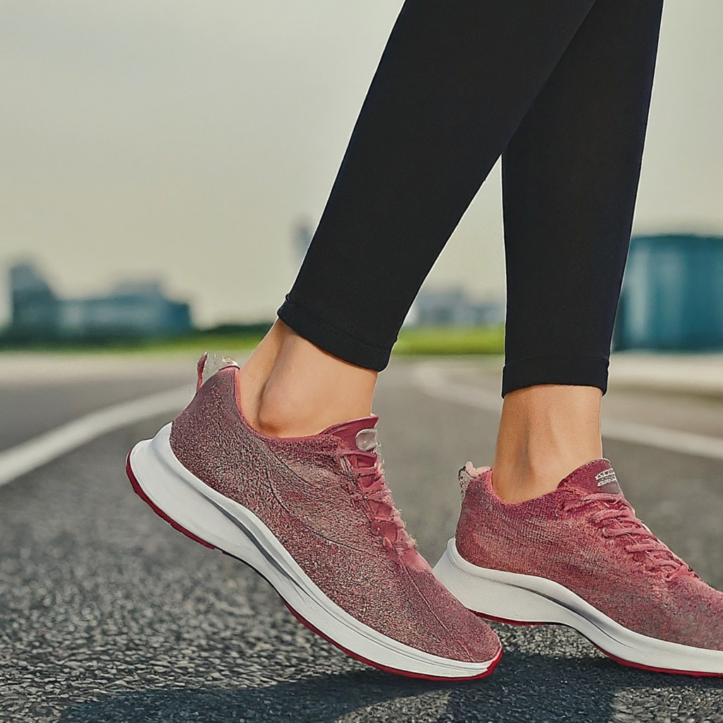 Chaussures de running roses portées par une coureuse