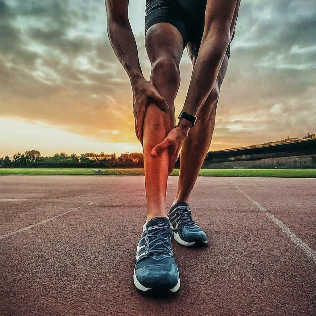 Un coureur se tient la jambe avec les 2 mains