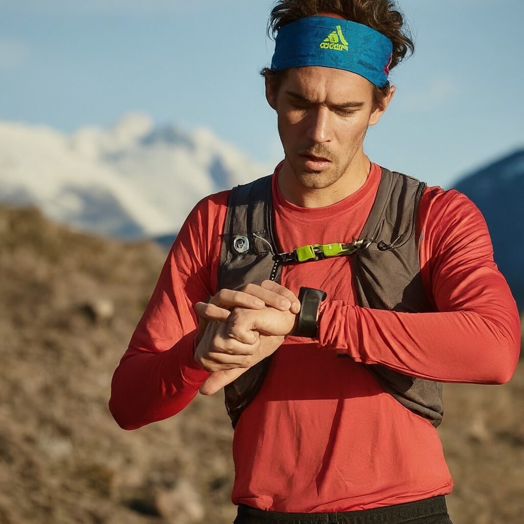 Un homme regarde sa montre GPS pendant un trail