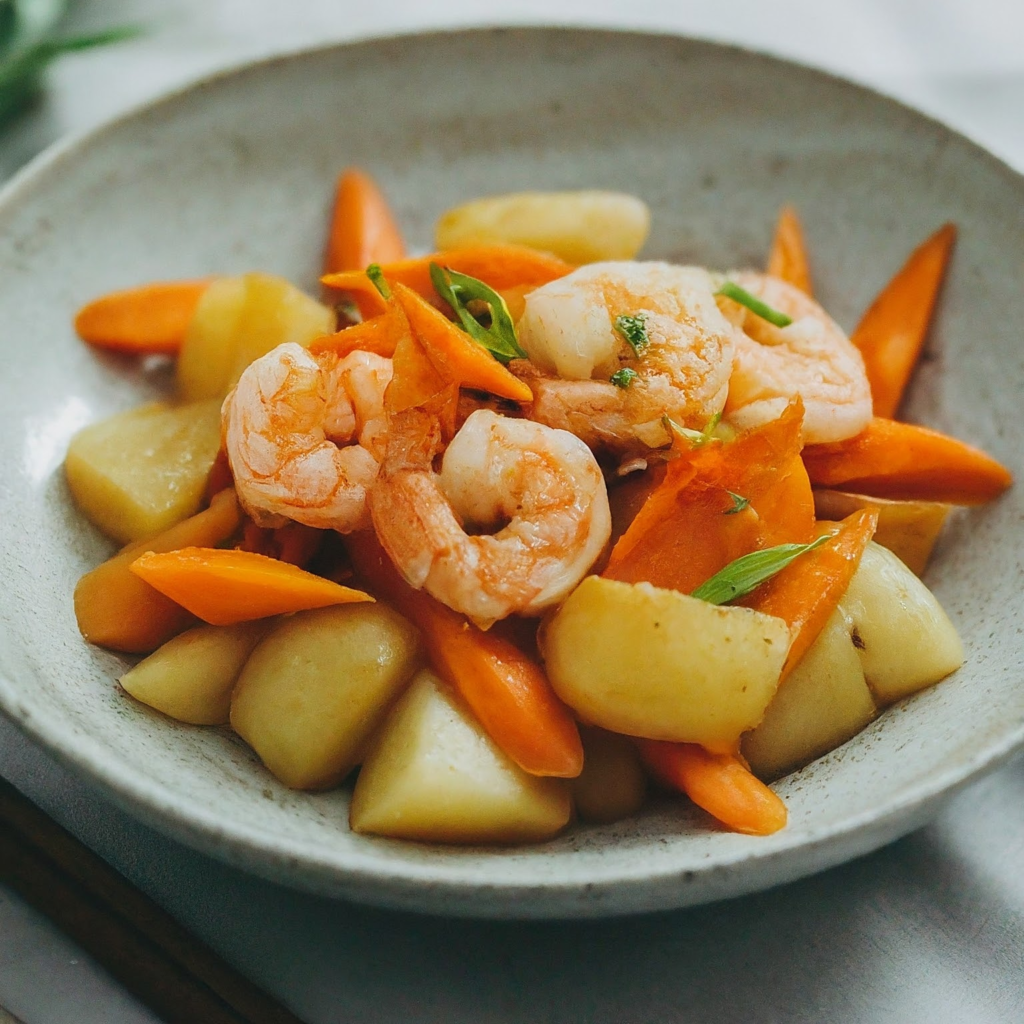 Sauté de pommes de terre et de carottes aux crevettes