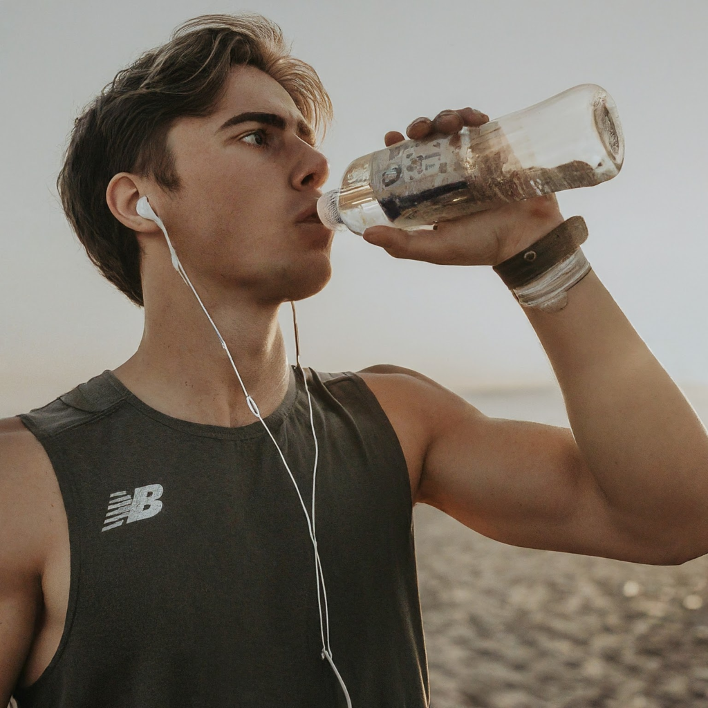 Un coureur boit dans une bouteille d'eau