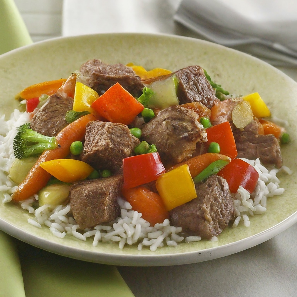 Bœuf sauté aux légumes et riz complet