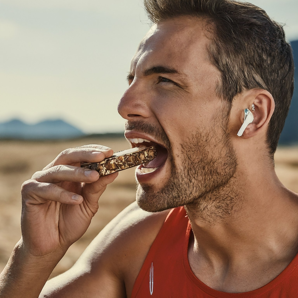 Un coureur mange une barre énergétique pour faire du gut training