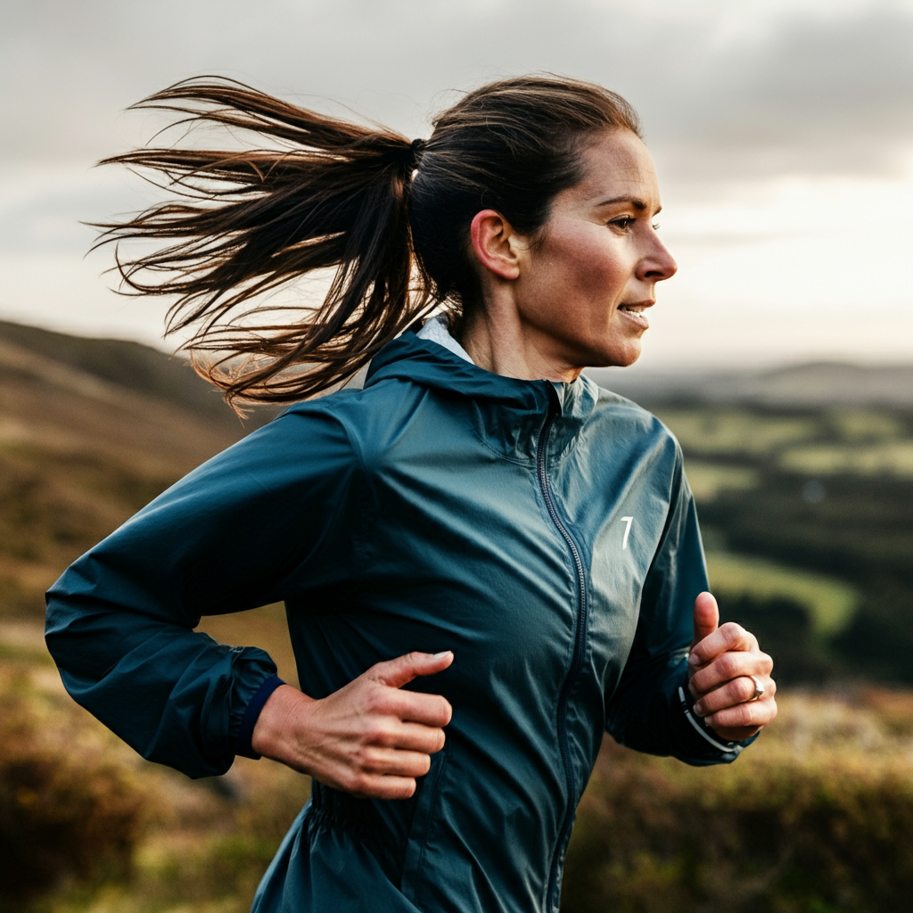 Une femme court à la montagne avec une veste de running