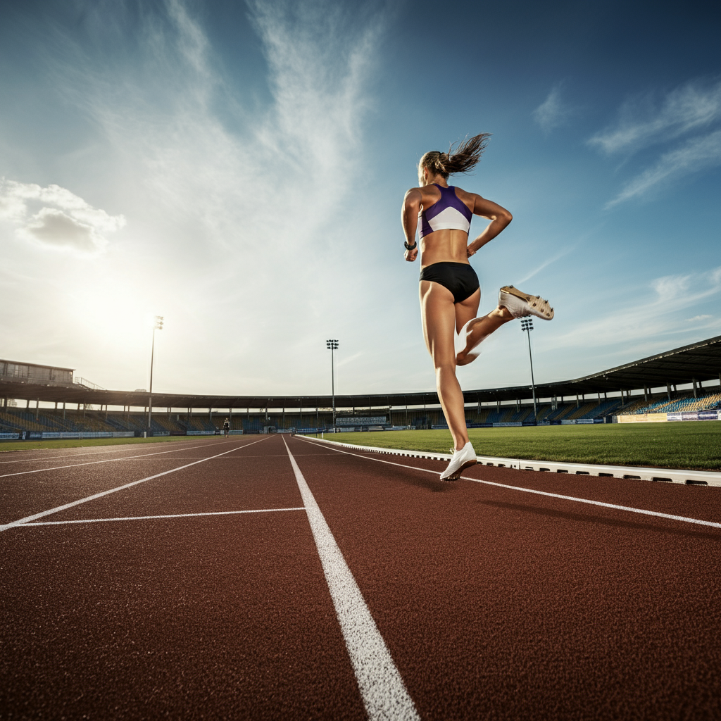 Une femme court sur une piste d'athlétisme dans un stade vue de dos