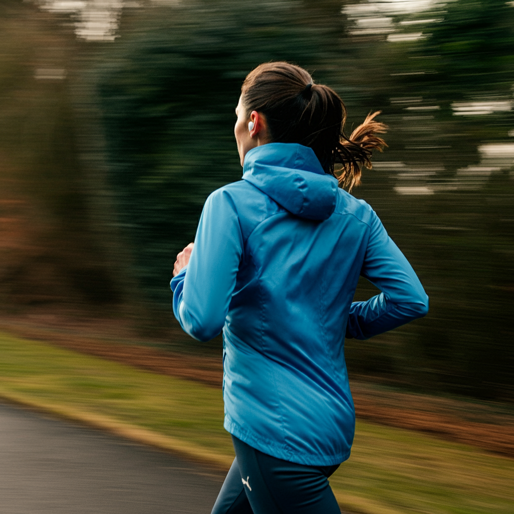 Une femme vue de dos court sur une route avec une veste de running