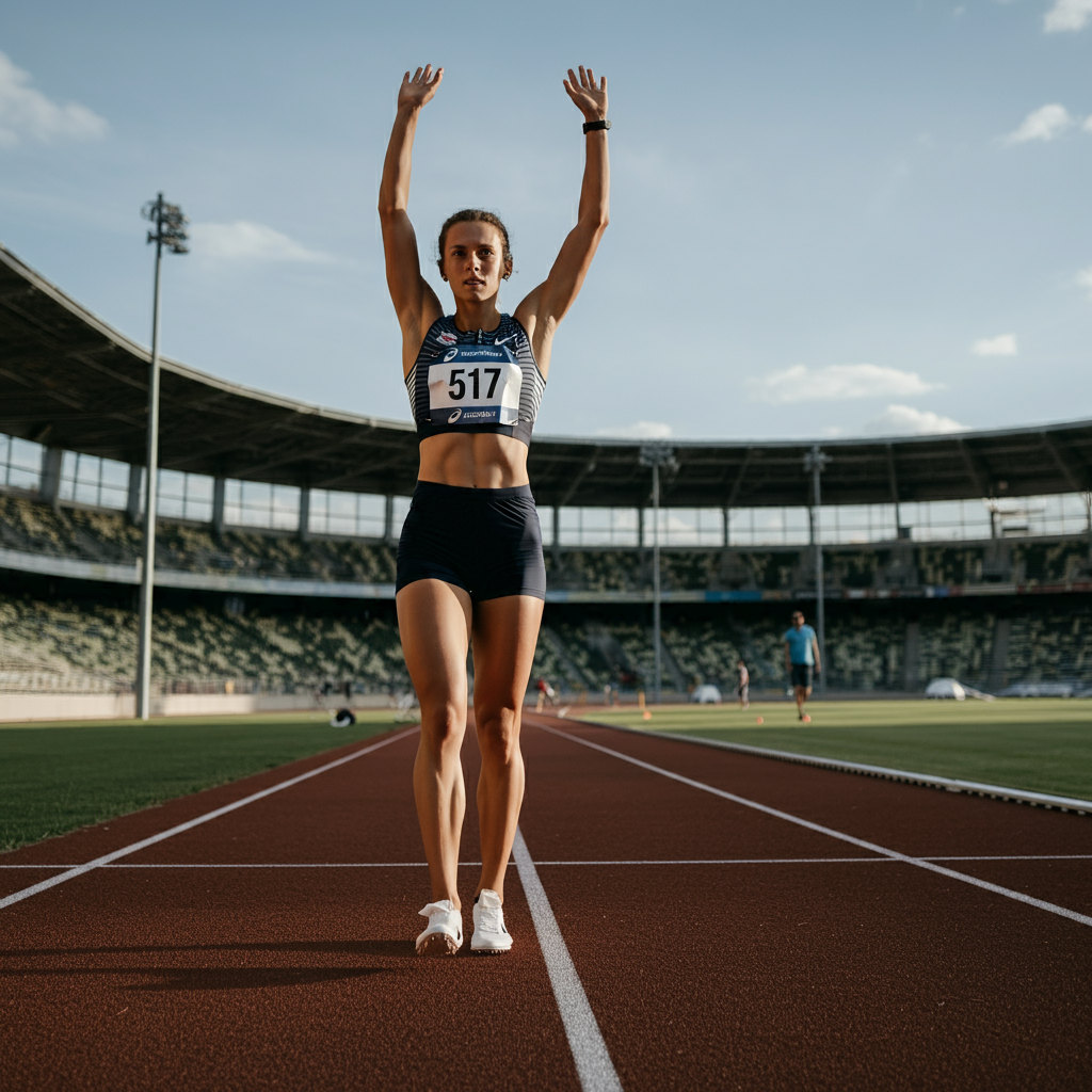 Une femme lève les bras suite à sa victoire sur une piste d'athlétisme dans un stade