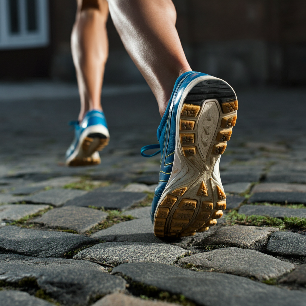 Chaussures d'un coureur vue de près qui attaque avant-pied