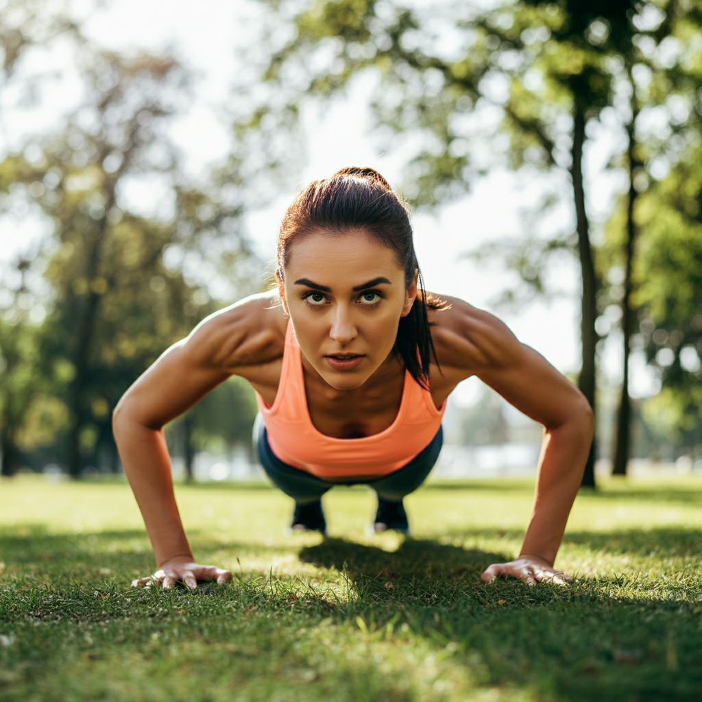 Une femme fait des pompes dans un parc avec un regard de d&eacute;termination