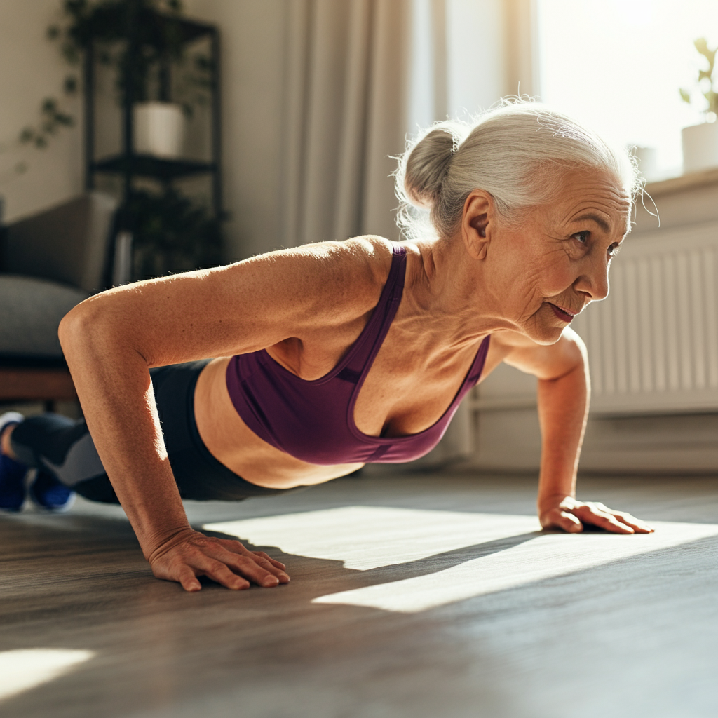 Une femme senior fait des pompes dans son salon