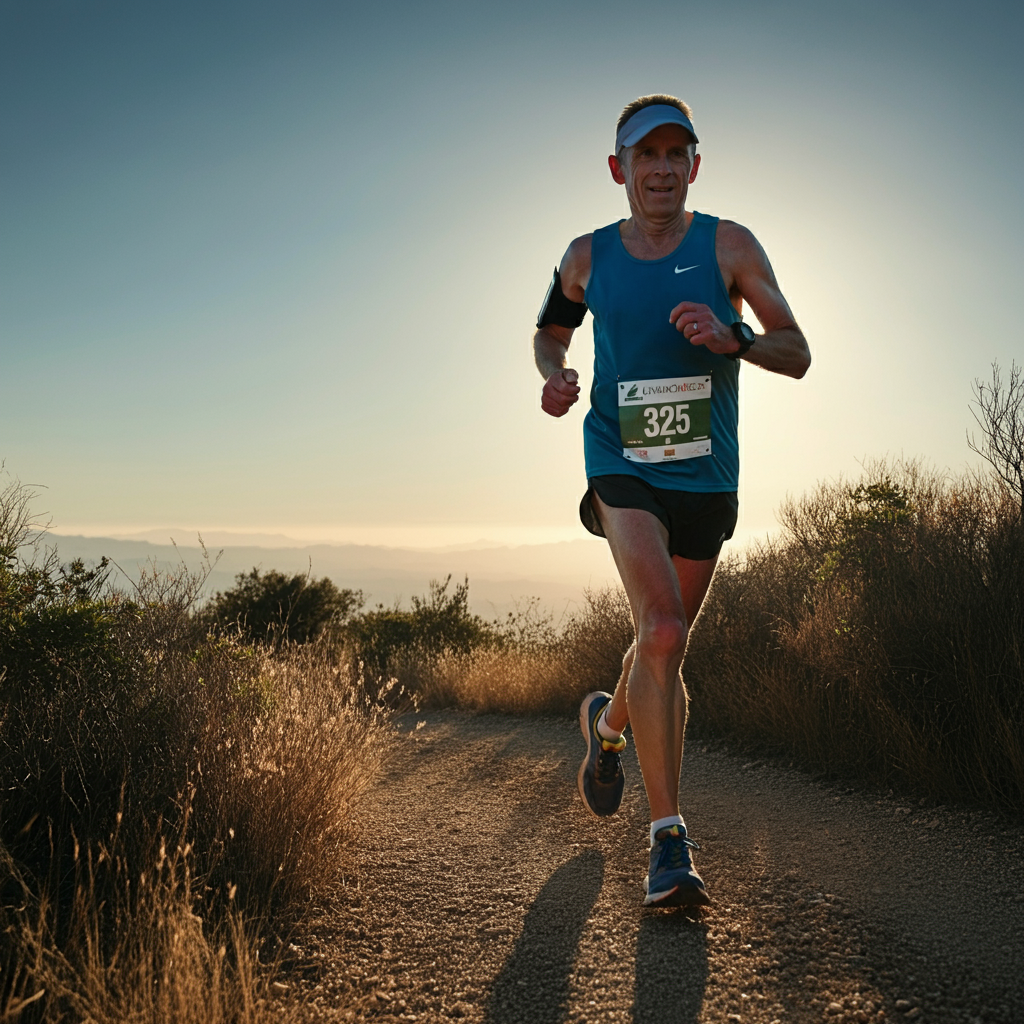 Un coureur de 50 ans sur un sentier de trail pendant une compétition