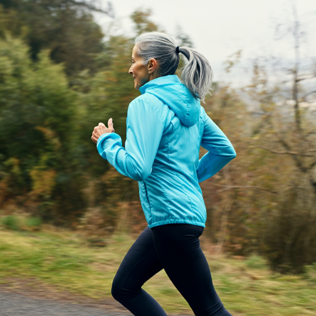 Une coureuse de 50 ans souriante vue de profil
