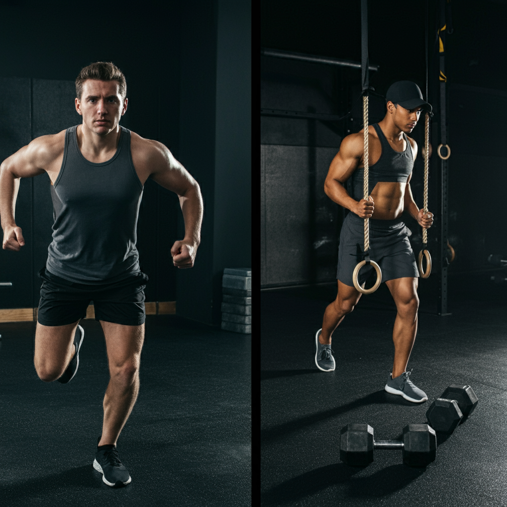 Un homme fait du cardio versus un homme fait du renforcement musculaire avec une corde et des kettlebells dans une salle de sport