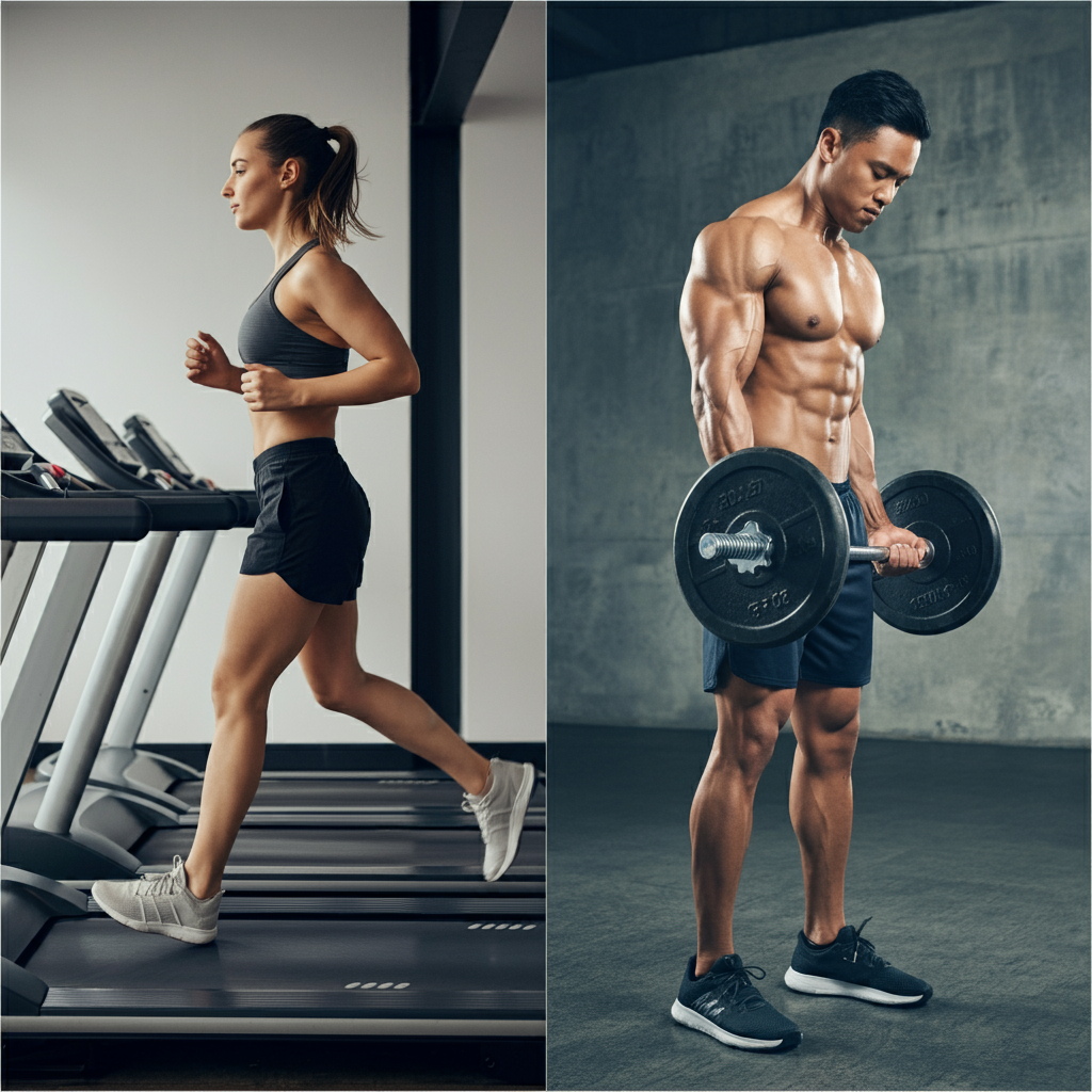 Une femme court sur un tapis de course versus un homme fait de la musculation (rowing) avec une barre