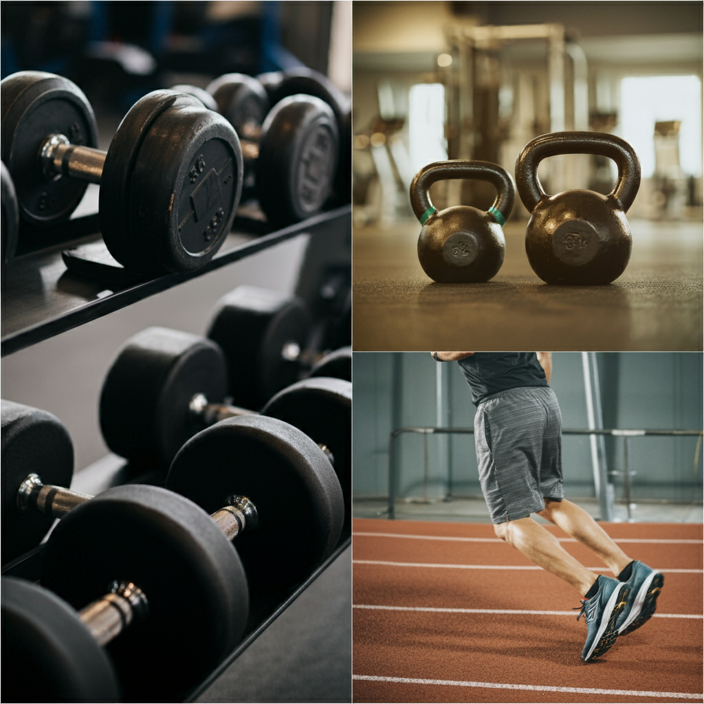 Kettlebells et poids versus un homme fait des sauts sur une piste d'athlétisme