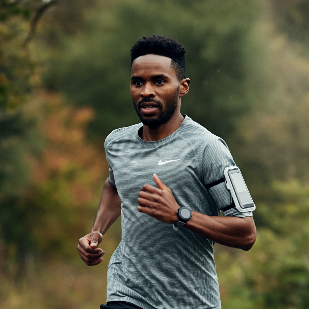 Un homme black en train de courir avec un t-shirt Nike