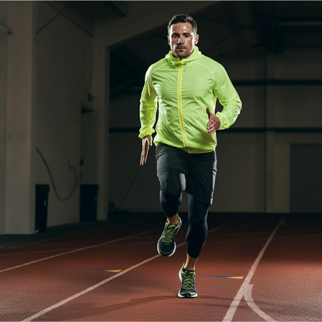 Un coureur avec une veste jaune réalise un test Cooper sur piste à l'intérieur