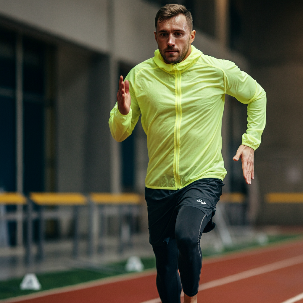 Un coureur concentré réalise un test Cooper sur piste à l'intérieur