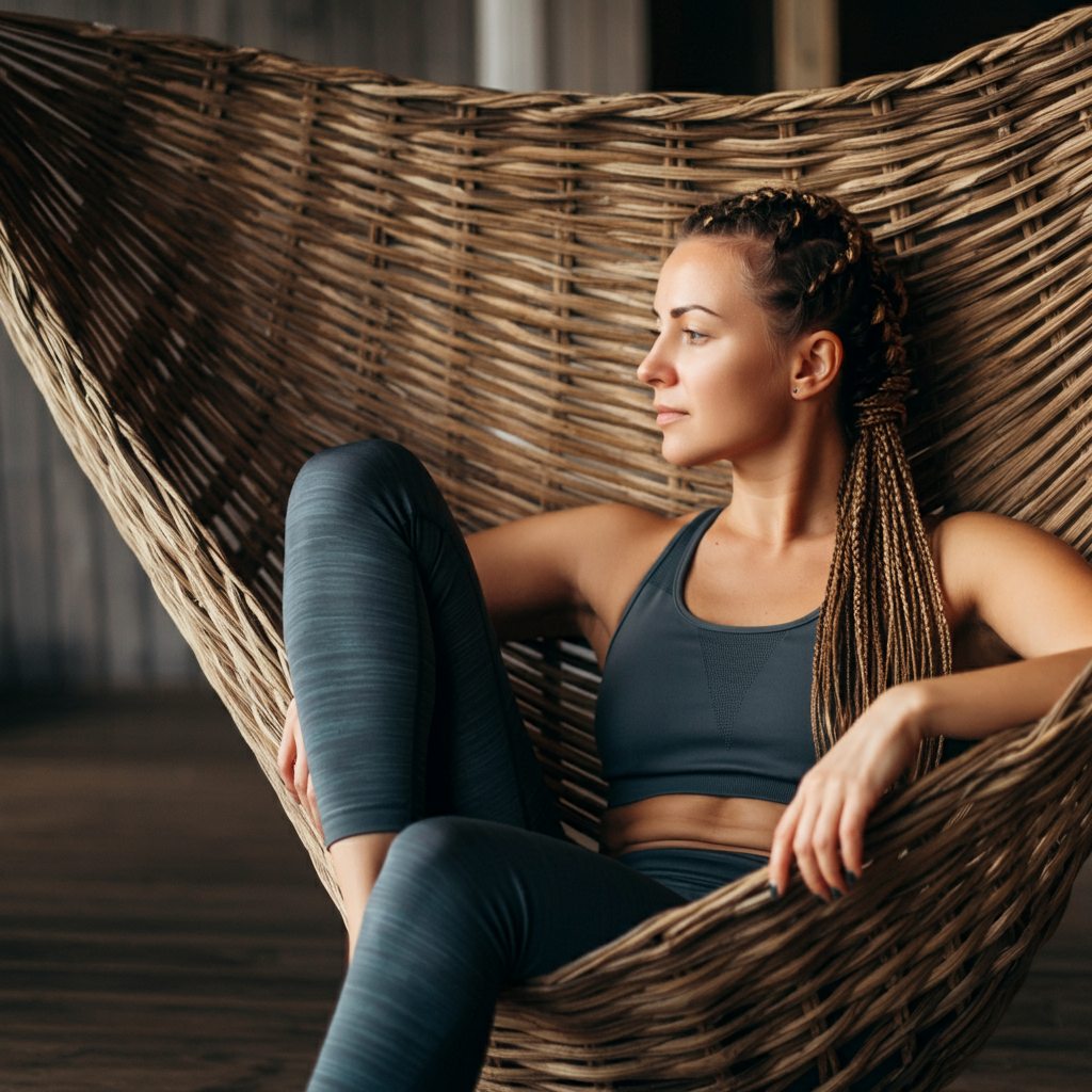 Une jeune femme assise dans un hammac se repose
