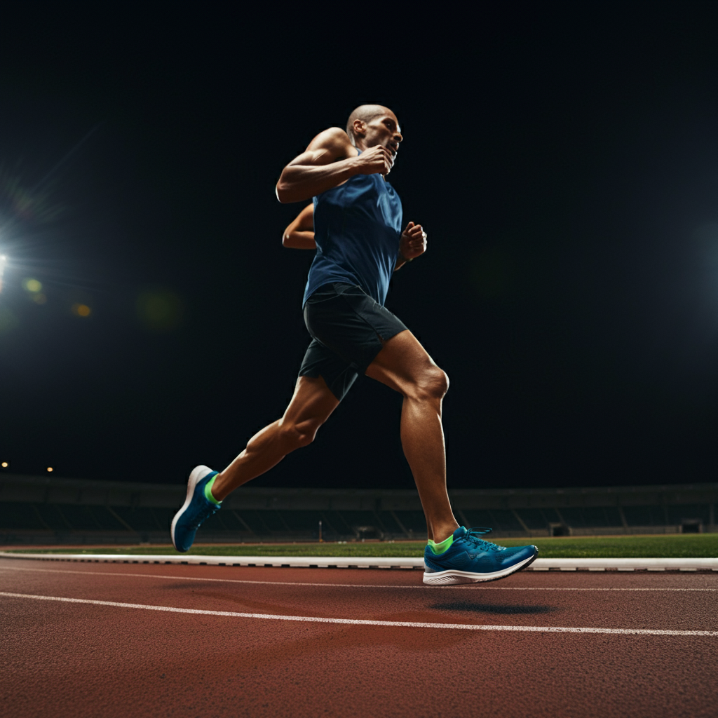 Un homme de 50 ans fait des répétitions de 1000 mètres sur une piste d'athlétisme