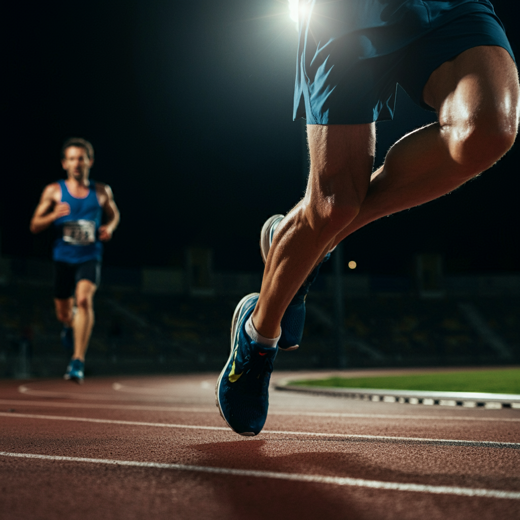 Vue de près de jambes d'un athlète masculin en train de faire une séance de fractionné de 1000 mètres sur piste