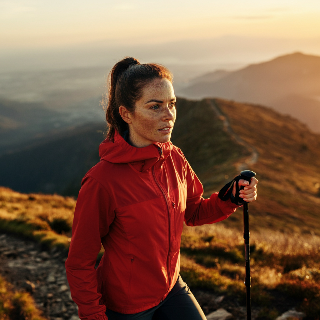 Une jeune femme rousse marche avec des bâtons de marche nordique à la montagne