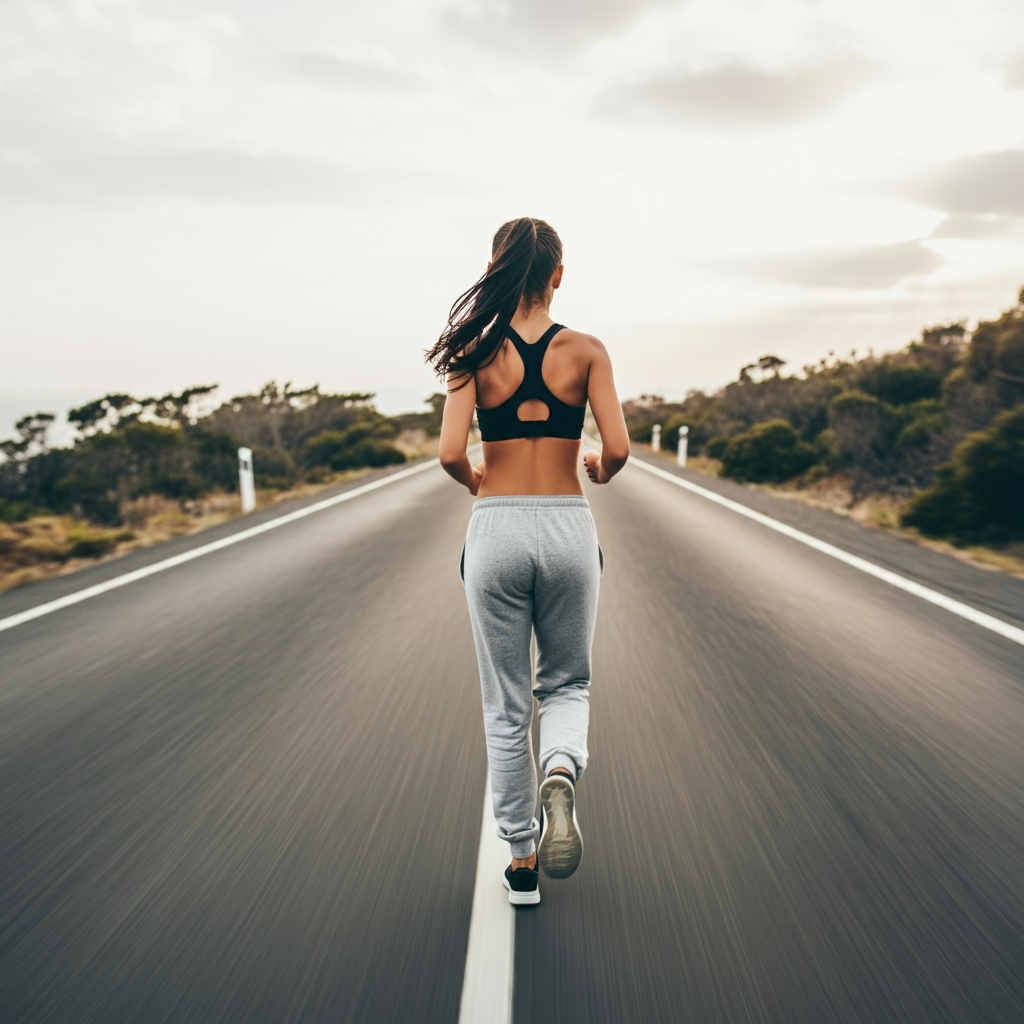 Une jeune femme vue de dos marche sur une route
