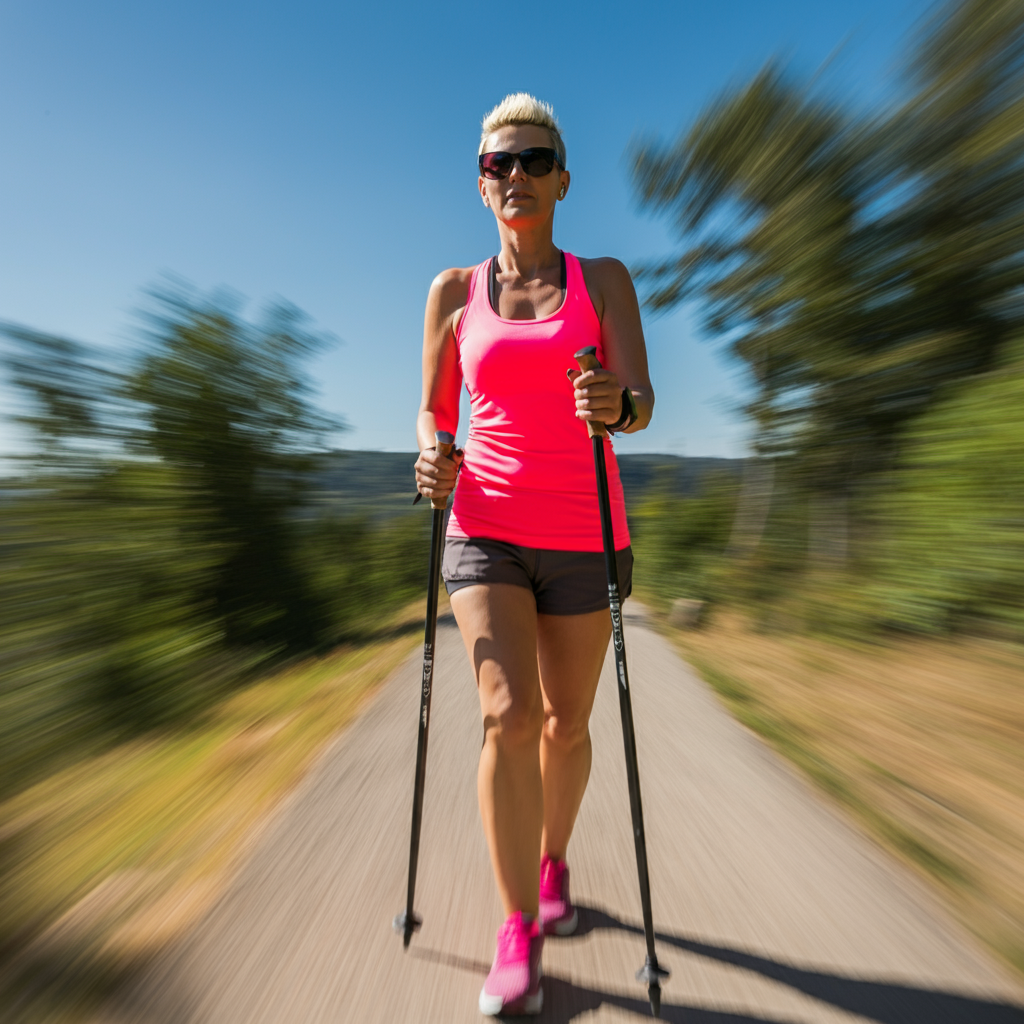 Une jeune femme sportive aux cheveux courts avec des lunettes de soleil marche avec des bâtons de marche nordique sur un sentier en forêt