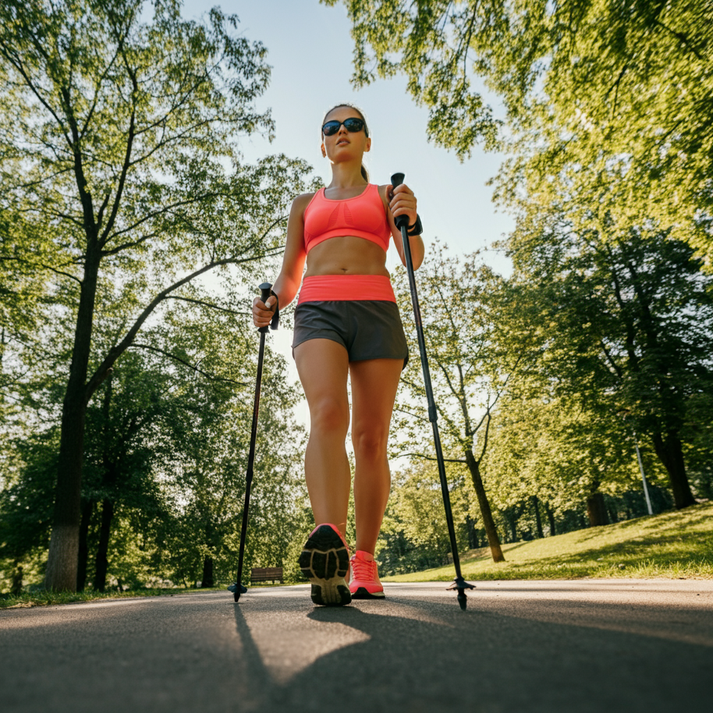 Une jeune femme sportive marche avec des bâtons de marche nordique sur un sentier dans un parc
