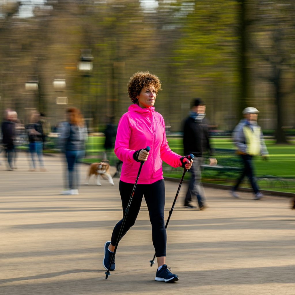 Une jeune femme sportive avec des cheveux bouclés marche avec des bâtons de marche nordique sur un sentier dans un parc
