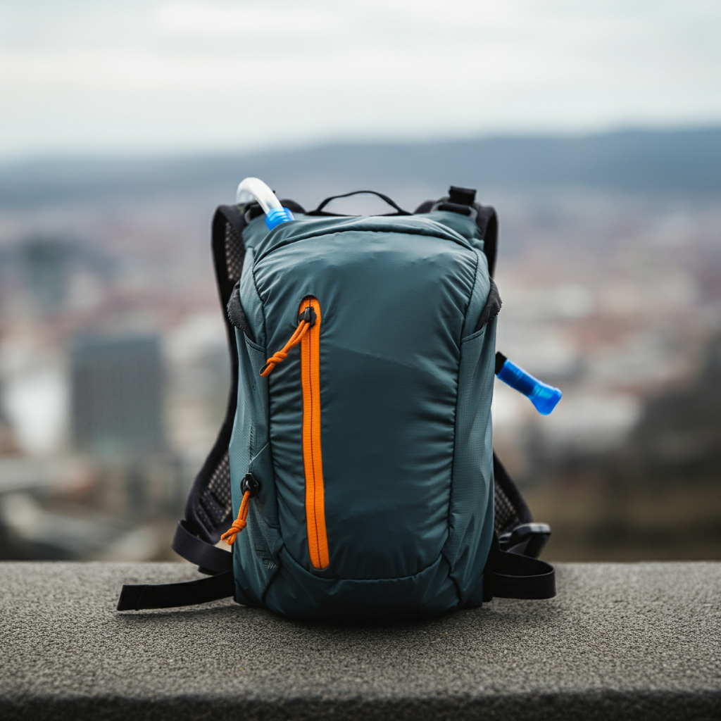 sac d'hydratation pour coureur avec poche à eau à l'intérieur posé sur le béton