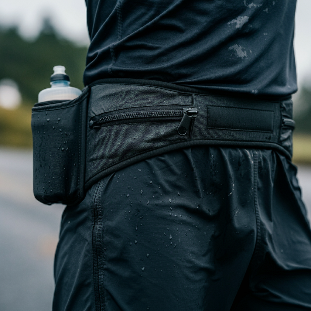 Un coureur porte une ceinture porte-bidon pendant une course sur route